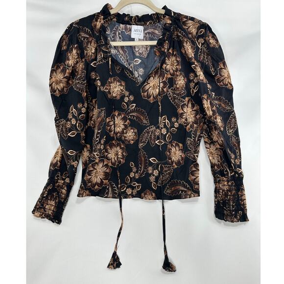MISA Los Angeles Siena Blouse in Black Brown Floral | Long Puff Sleeve | Size S - Picture 2 of 8